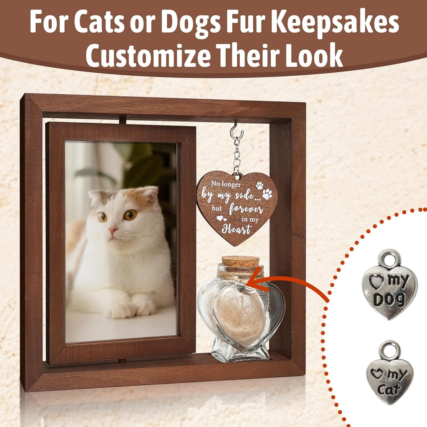 Dog Memorial Gifts for Loss of Pet - Rotating Wooden Frame for 4x6 Photo & Fur Hair Jar - Sympathy Gift for Pet Bereavement, Remembrance Keepsake - Rainbow Bridge Gift for Dog Lovers