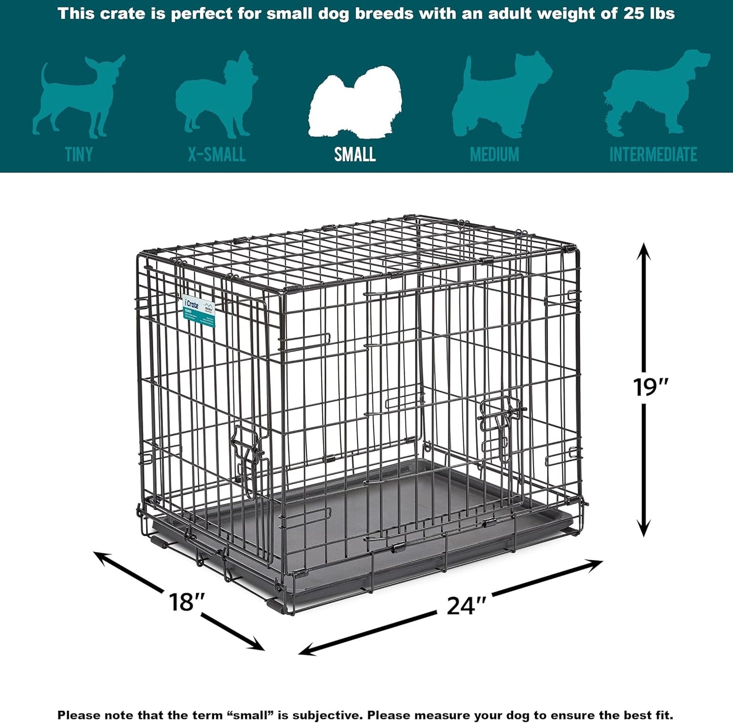 MidWest Homes for Pets 24-Inch Two-Door iCrate Folding Dog Crate with Divider Panel, Leak-Proof Tray & Secure Latches – Metal Wire Kennel for Small Breeds – Portable, Durable & Easy to Assemble