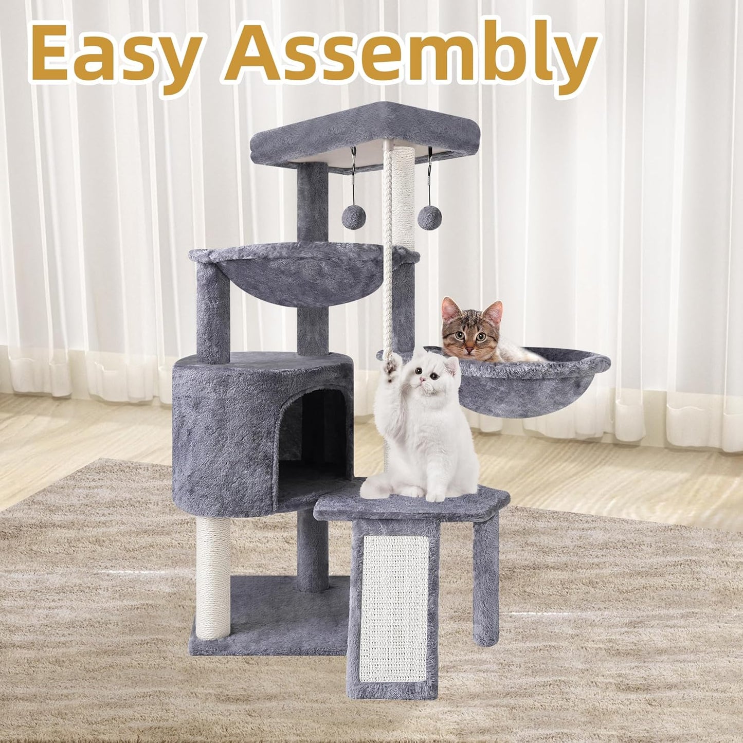 Xin Three Layer Cat Tree with Cat Condo and Two Hammocks,Grey
