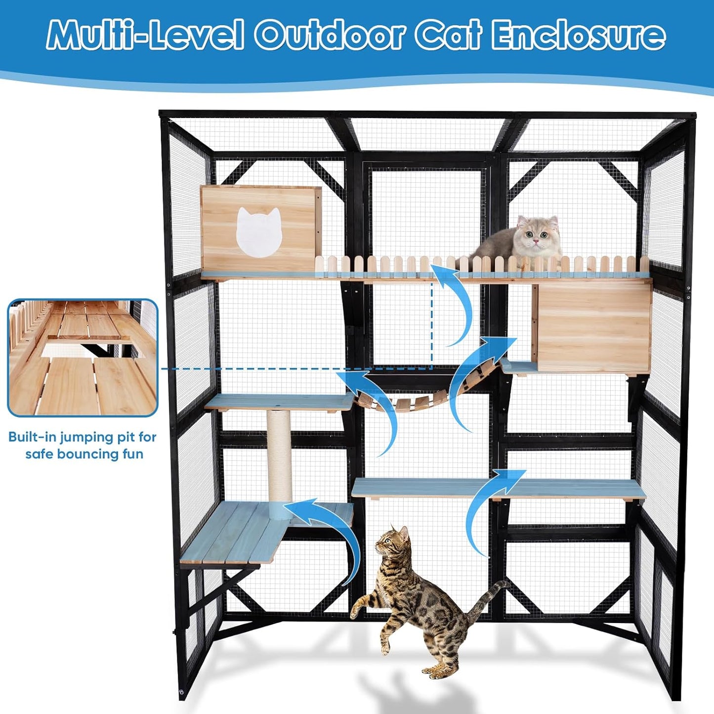 FunXplore Large Catio Outdoor Cat Enclosure Window 73" H Walk-in Cat House Kitty Cage for Multiple Indoor Outdoor Cats Outside Patio with 5 Access Doors Waterproof Roof