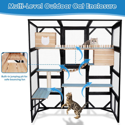 FunXplore Large Catio Outdoor Cat Enclosure Window 73" H Walk-in Cat House Kitty Cage for Multiple Indoor Outdoor Cats Outside Patio with 5 Access Doors Waterproof Roof