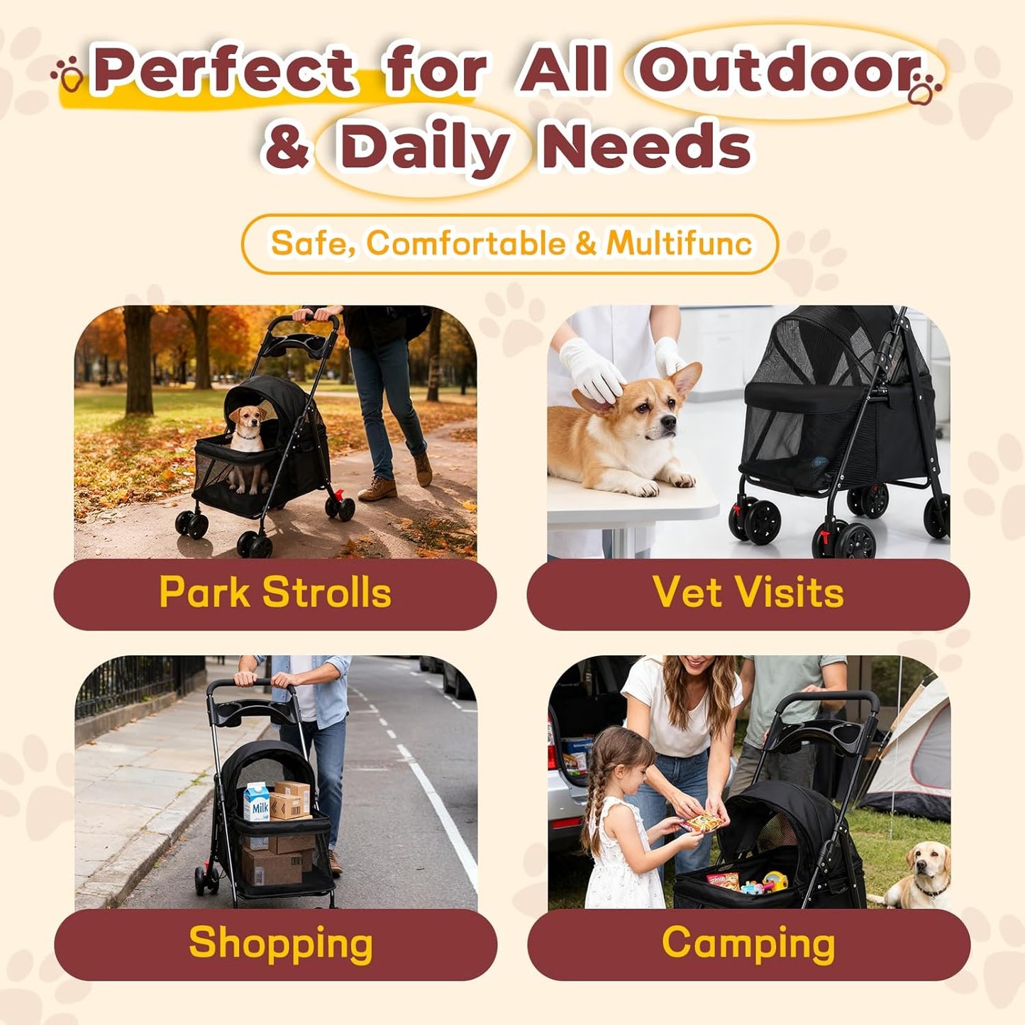 4-Wheel Pet Stroller for Small Medium Dogs with Removable & Detachable Carrier, Foldable Waterproof Dog Stroller with Breathable Mesh, Cup Holder, Storage Basket & Safety Leash (Pink)