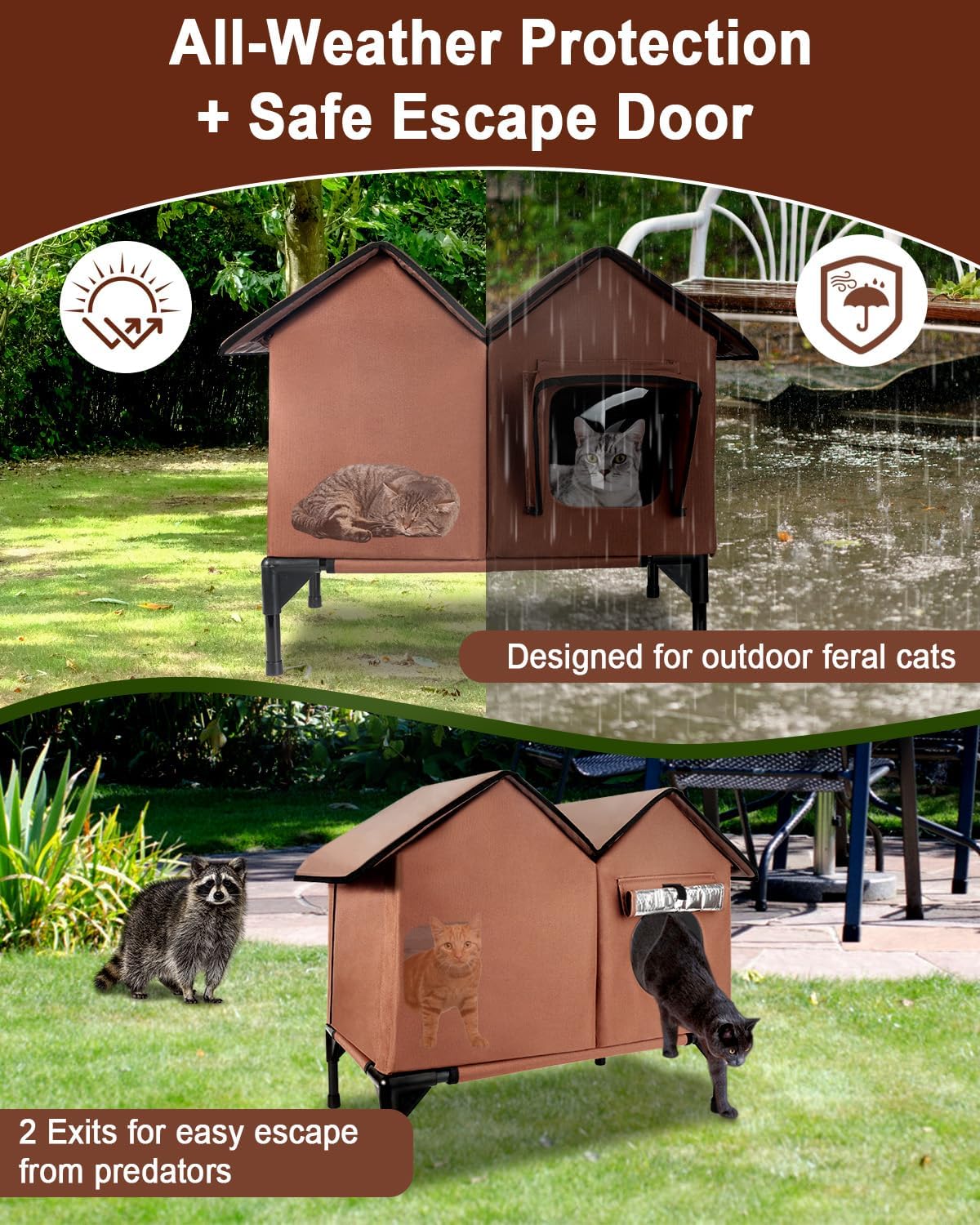 Outdoor Cat House Weatherproof, Large Waterproof Insulated Elevated Outdoor Cat Shelter with Escape Doors, Outside Cat House for Multiple Cats and Small Dogs, Available in All Seasons, Brown