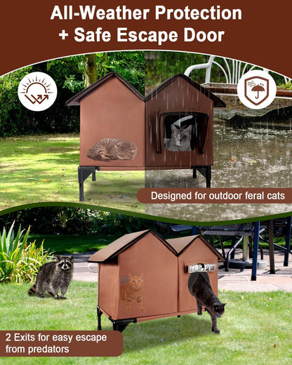 Outdoor Cat House Weatherproof, Large Waterproof Insulated Elevated Outdoor Cat Shelter with Escape Doors, Outside Cat House for Multiple Cats and Small Dogs, Available in All Seasons, Brown