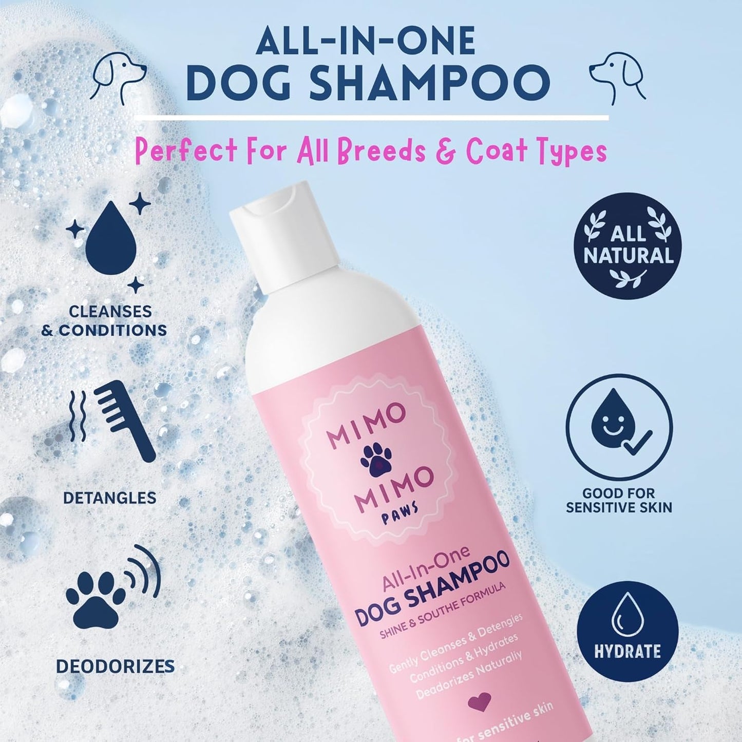 All-in-One Dog Shampoo for Sensitive Skin, Hydrating, Detangling, and Deodorizing Care. All-Natural Ingredients Soothe Itchy Skin. No Parabens Or Harsh Chemicals. Refreshing Scent. Made in USA 16 oz.