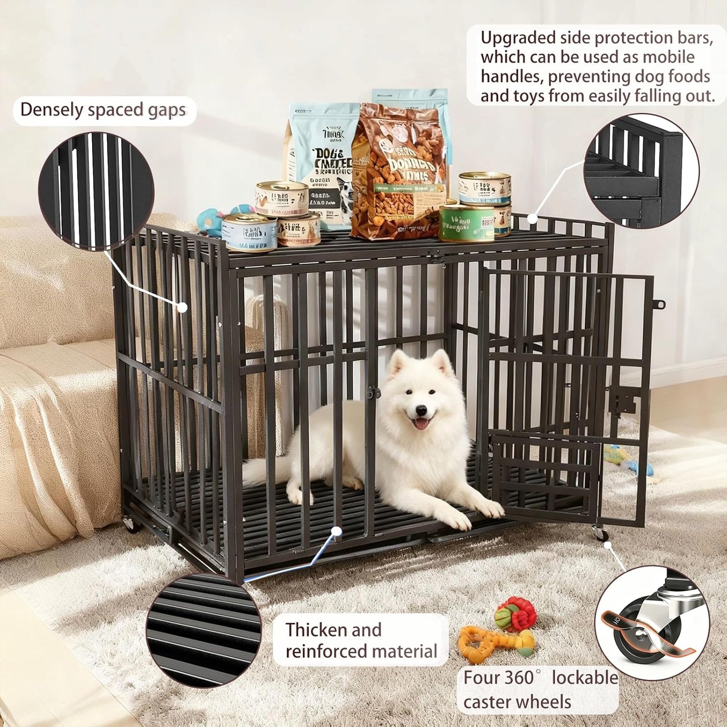 42Inch Heavy Duty Dog Crate, Indestructible & Escape-Proof Steel Kennel for Large High-Anxiety Dogs, with 3 Door, 4 Lockable Wheels, Reinforced Baseplate & 2 Removable Tray (42)