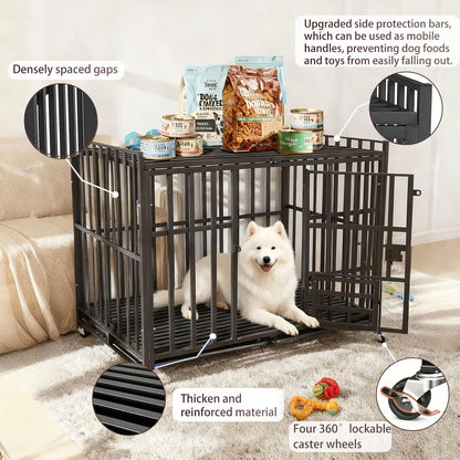 42Inch Heavy Duty Dog Crate, Indestructible & Escape-Proof Steel Kennel for Large High-Anxiety Dogs, with 3 Door, 4 Lockable Wheels, Reinforced Baseplate & 2 Removable Tray (42)