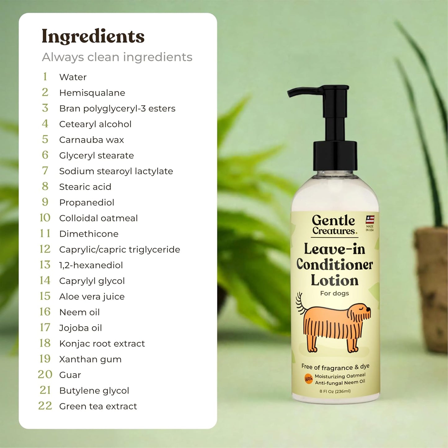 Gentle Creatures Leave-in Dog Conditioner Lotion - Fragrance-Free, Dye-Free - 95% Natural Ingredients - 8 Fl Oz