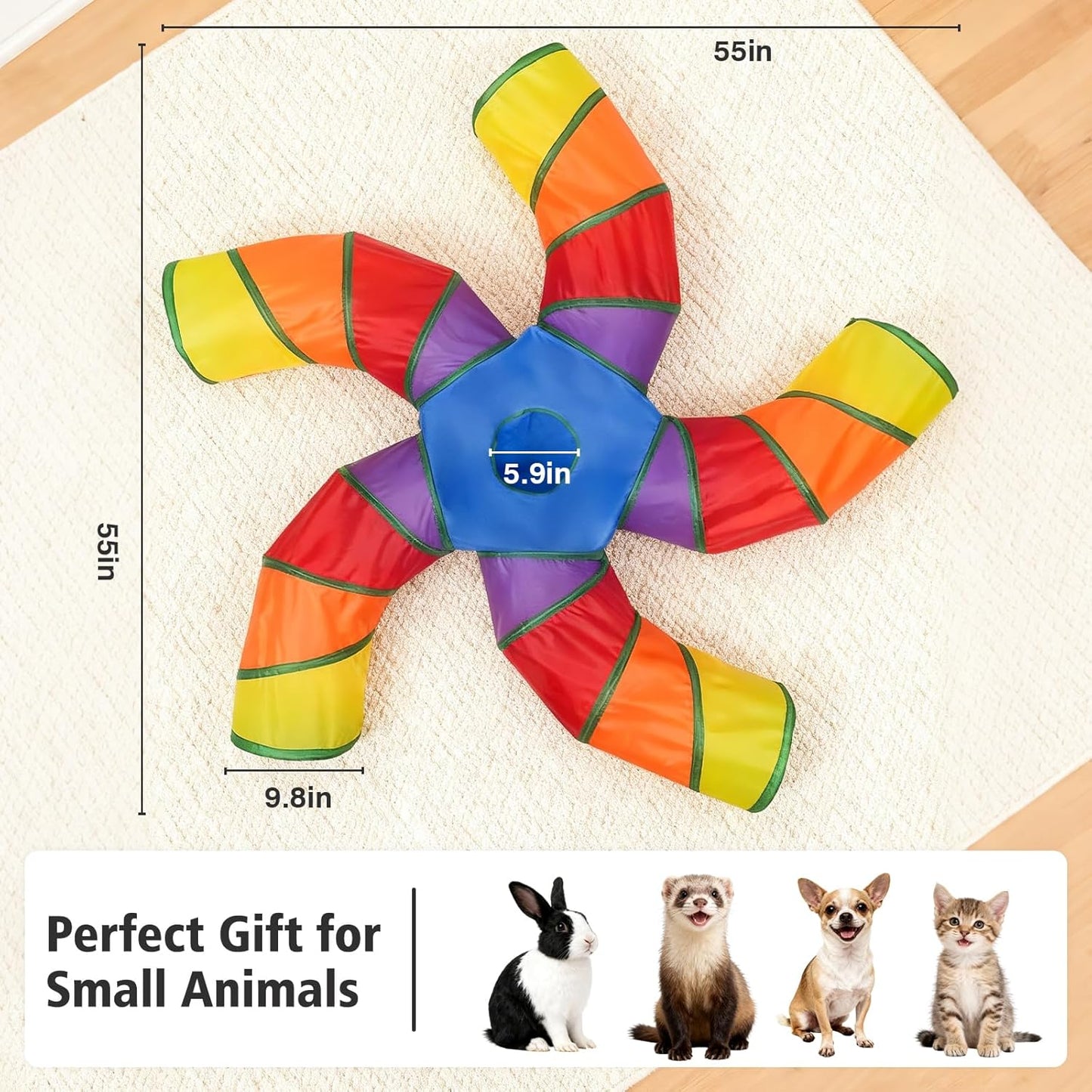 Joytale 5-Way Cat Tunnels for Indoor Cats, Pet Tube Toy with Play Ball and Toy Mouse, Christmas S-Shape Collapsible Tunnel with Interactive Hole for Kitty, Kitten, Rabbit, Puppy (Rainbow)