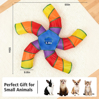 Joytale 5-Way Cat Tunnels for Indoor Cats, Pet Tube Toy with Play Ball and Toy Mouse, Christmas S-Shape Collapsible Tunnel with Interactive Hole for Kitty, Kitten, Rabbit, Puppy (Rainbow)