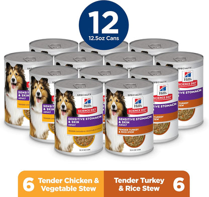 Hill's Science Diet Sensitive Stomach & Skin, Adult 1-6, Stomach & Skin Sensitivity Support, Wet Dog Food, Variety Pack: Chicken, Turkey Stew, 12.5 oz Can, Case of 12