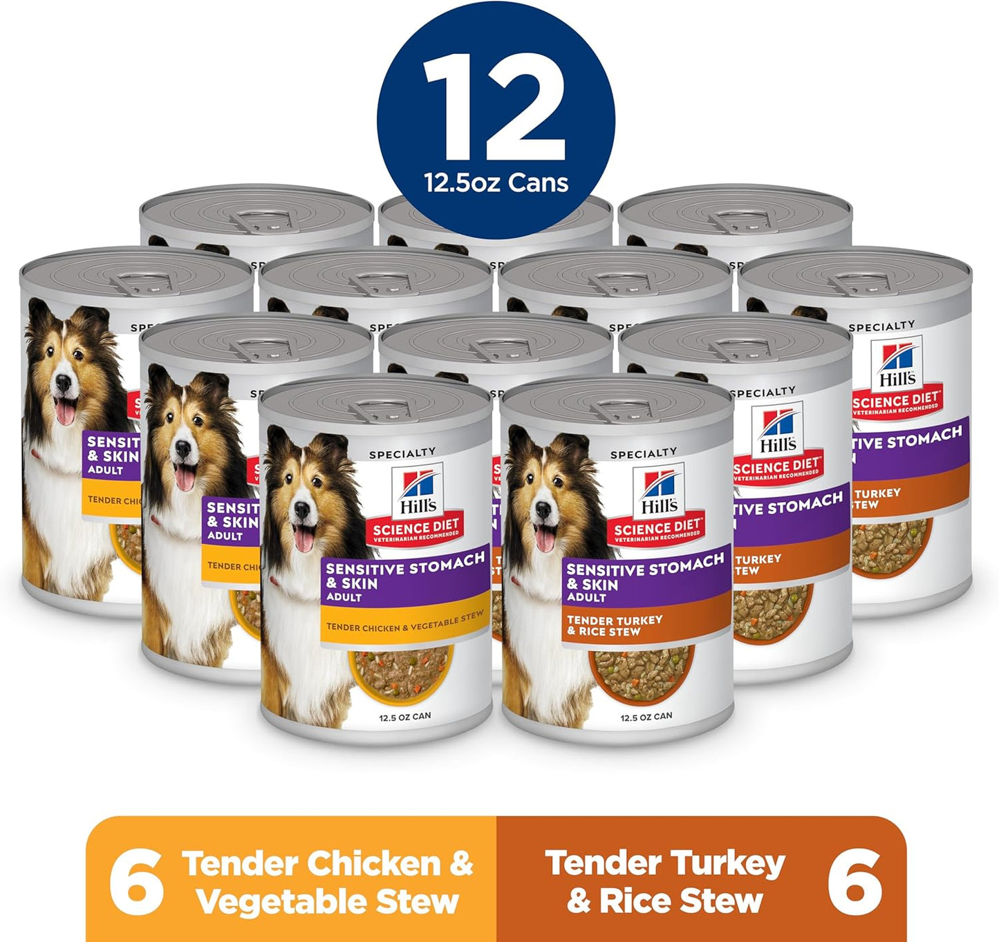 Hill's Science Diet Sensitive Stomach & Skin, Adult 1-6, Stomach & Skin Sensitivity Support, Wet Dog Food, Variety Pack: Chicken, Turkey Stew, 12.5 oz Can, Case of 12