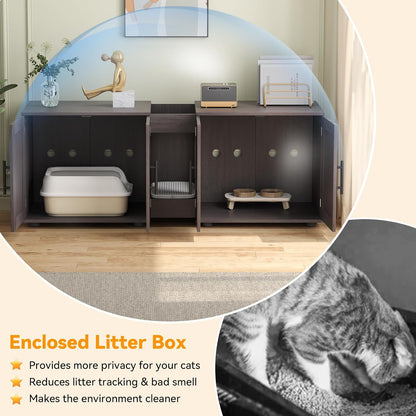 Garvee Cat Litter Box Enclosure for 2 Cats, 55" Hiddden Litter Box Enclosure Furniture 3-in-1 Wooden Litter Cabinet with Barn Door & Double Rooms for Bedroom Living Room,Walnut