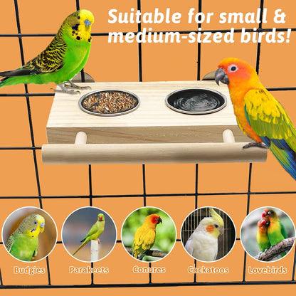 Tfwadmx Bird Food Stainless Steel Cups Wooden Perch Stand Hanging Feeder Bowls Feeding and Watering Supplies for Parakeets Conures Cockatiels Budgie Parrot