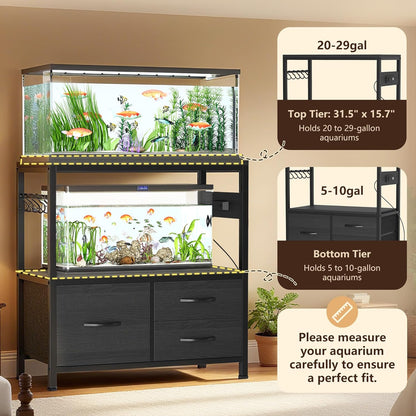 Heybly 20-29 Gallon Fish Tank Stand, Aquarium Stand with Drawer, Power Outlet, Heavy Duty Metal Frame, for Fish Tank, Turtle & Reptile Terrarium, 31.5" x 15.7" Top, 330lbs, Black HAS001BK