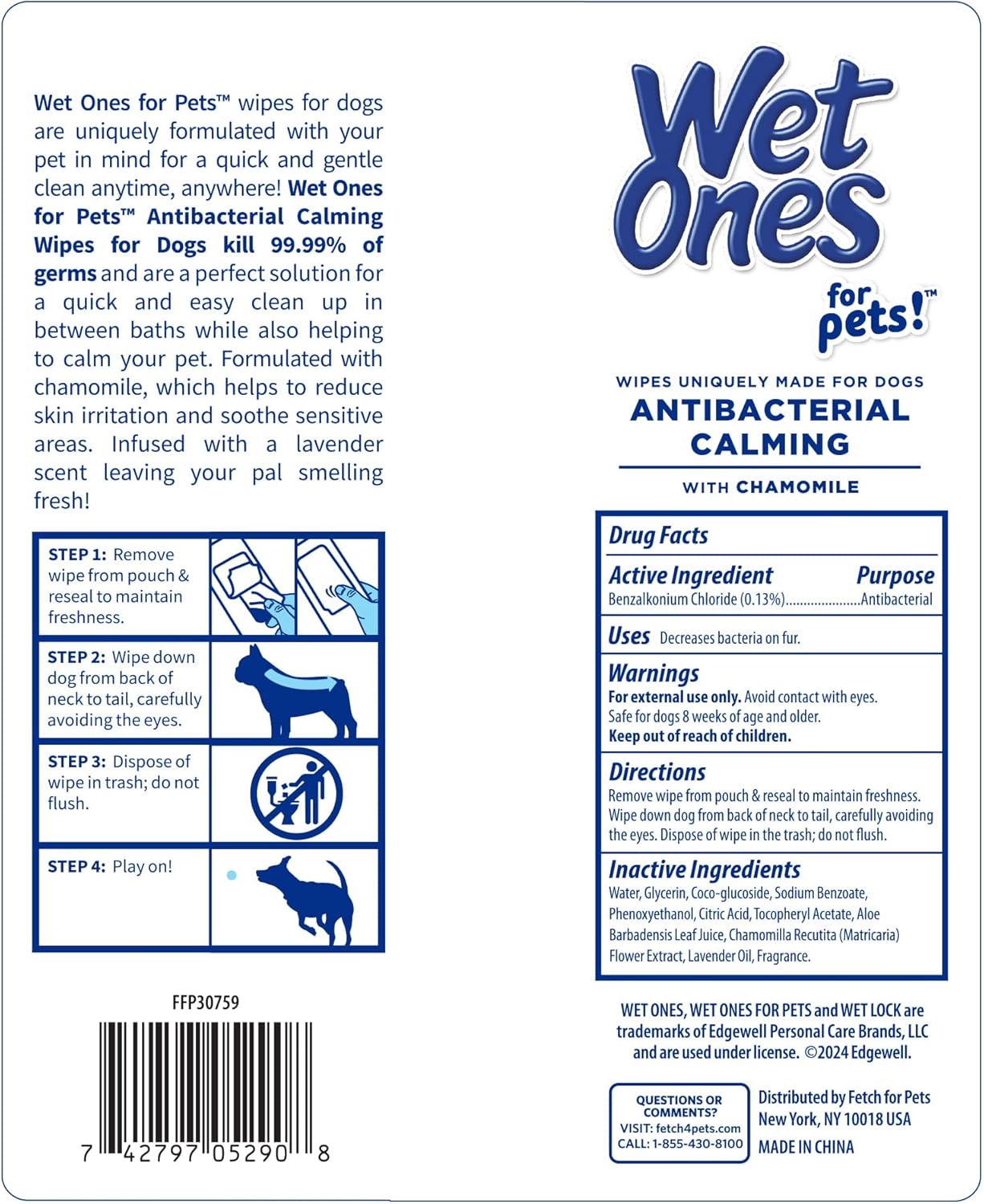 Wet Ones for Pets Antibacterial Calming Wipes with Chamomile, Lavender Scent - Dog Cleaning Wipes - Scented, Durable and Disposable Dog Wipes for Paws, 30 Count