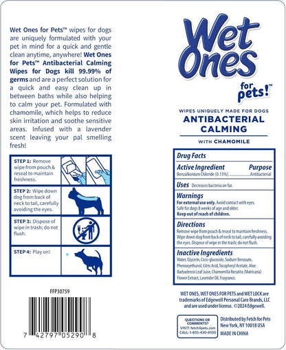 Wet Ones for Pets Antibacterial Calming Wipes with Chamomile, Lavender Scent - Dog Cleaning Wipes - Scented, Durable and Disposable Dog Wipes for Paws, 30 Count