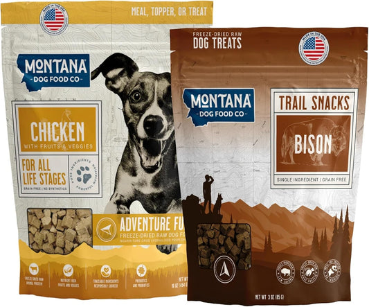 Chicken Dog Food and Bison Dog Treat Adventure Fuel Bundle - 16 oz Freeze-Dried Raw Food with Single Ingredient Training Snacks