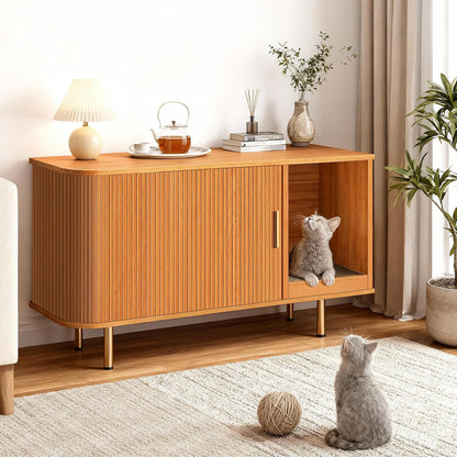 Litter Box Enclosure with Cat Scratch Pad, Sliding Door, 38.5" Litter Box Enclosure Furniture Hidden Litter Box, Modern Indoor Cat House, TV Stand, Side End Table for Living Room, Walnut