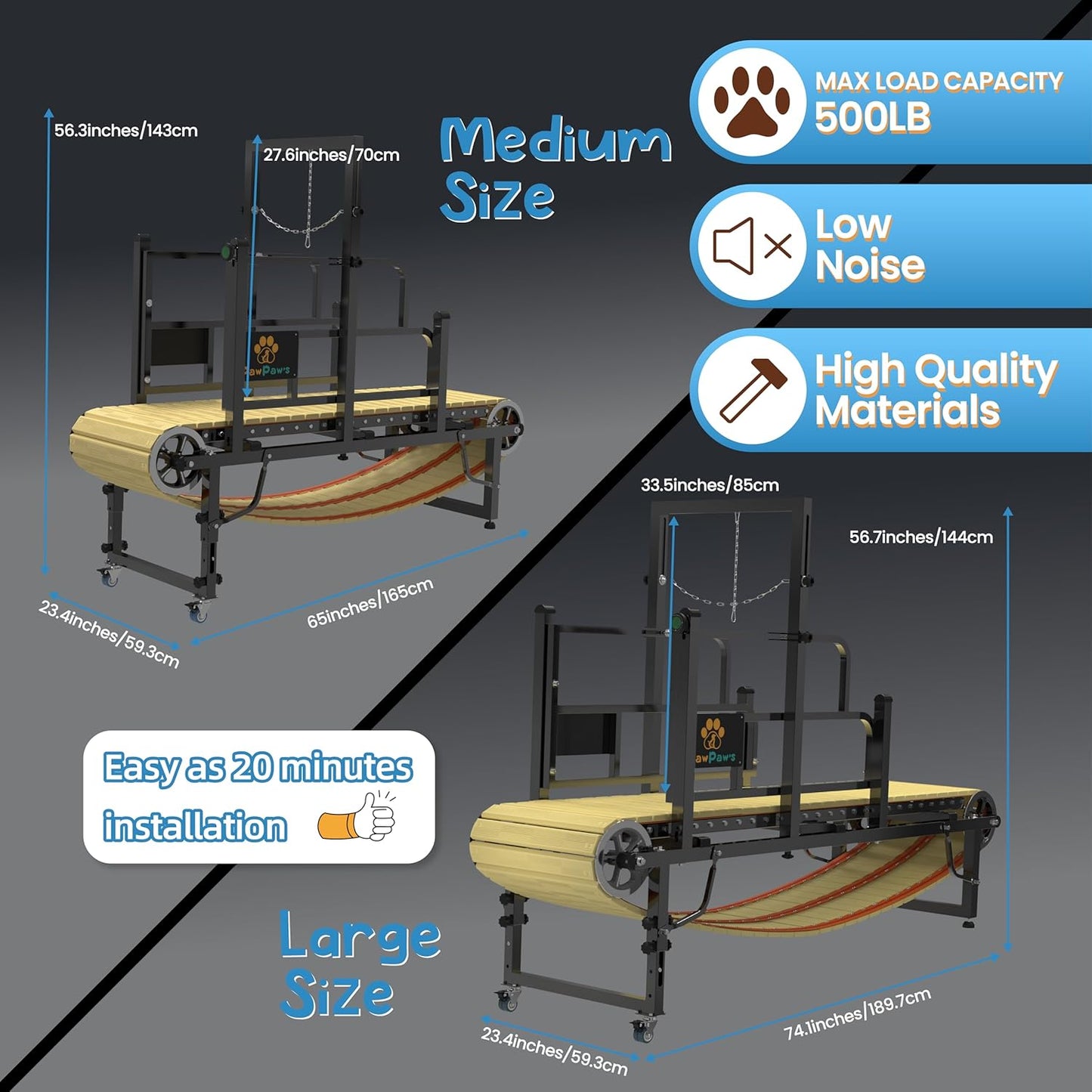 PawPaw's Dog Treadmill for Large Dogs, Medium Dogs with Brake. Dog Slatmill for Healthy & Fit Dog Life, Dog Treadmill for Indoor & Outdoor. Treadmill for Dogs up to 330 lbs