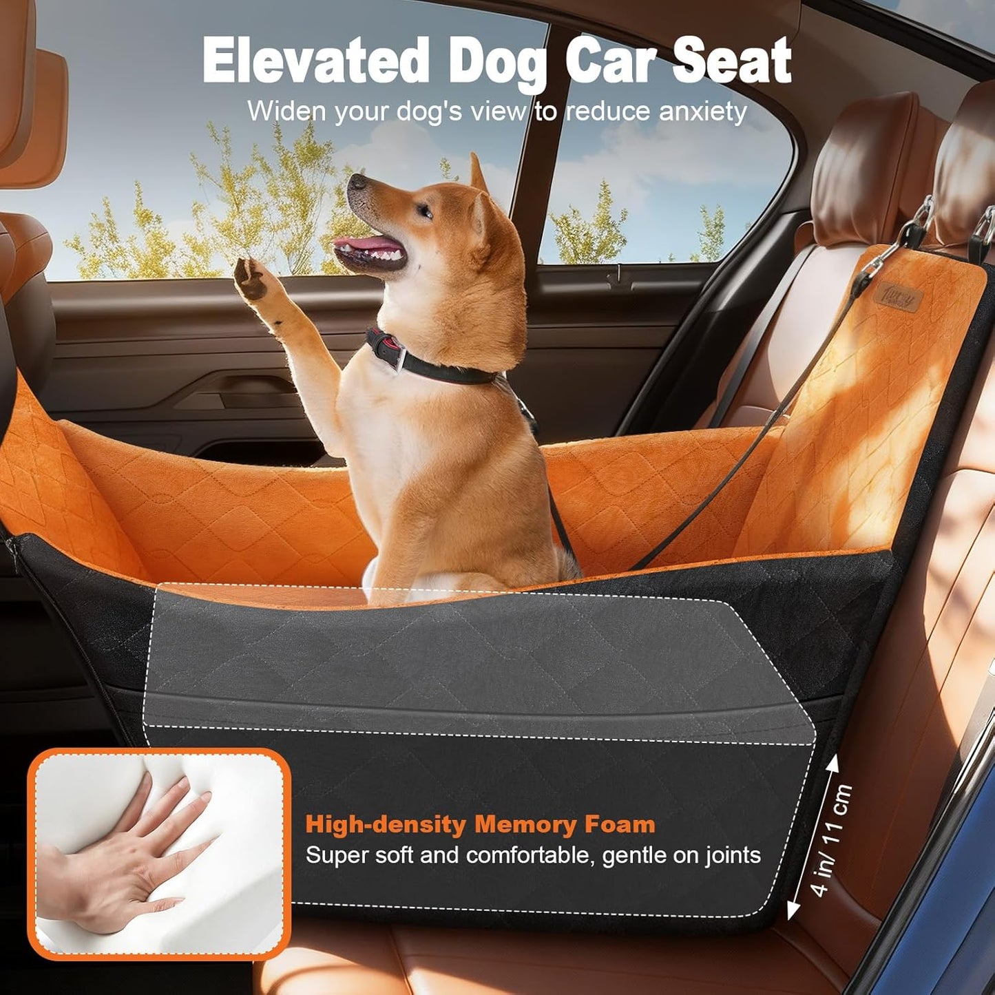 Elevated Dog Car Seat, Dog Booster Car Seats for Small & Medium Breeds Up to 35lbs, Fully Detachable and Washable, Memory Foam Pet Carseat with 2 Storage Pockets & 3 Safety Belts, Black + Brown