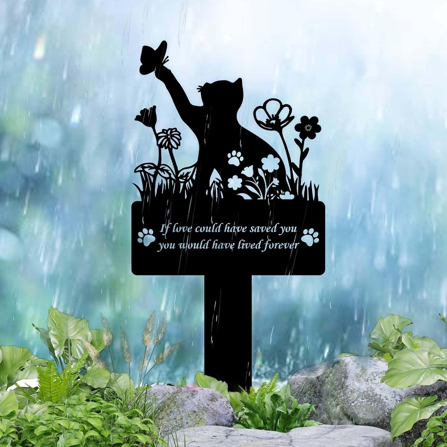 If Love Could Saved You Cat Grave Marker – 12in Metal Pet Memorial Plaque with Butterfly Design, Weatherproof Cat Headstone for Indoor or Garden Remembrance, Sympathy Gift for Loss of Pet