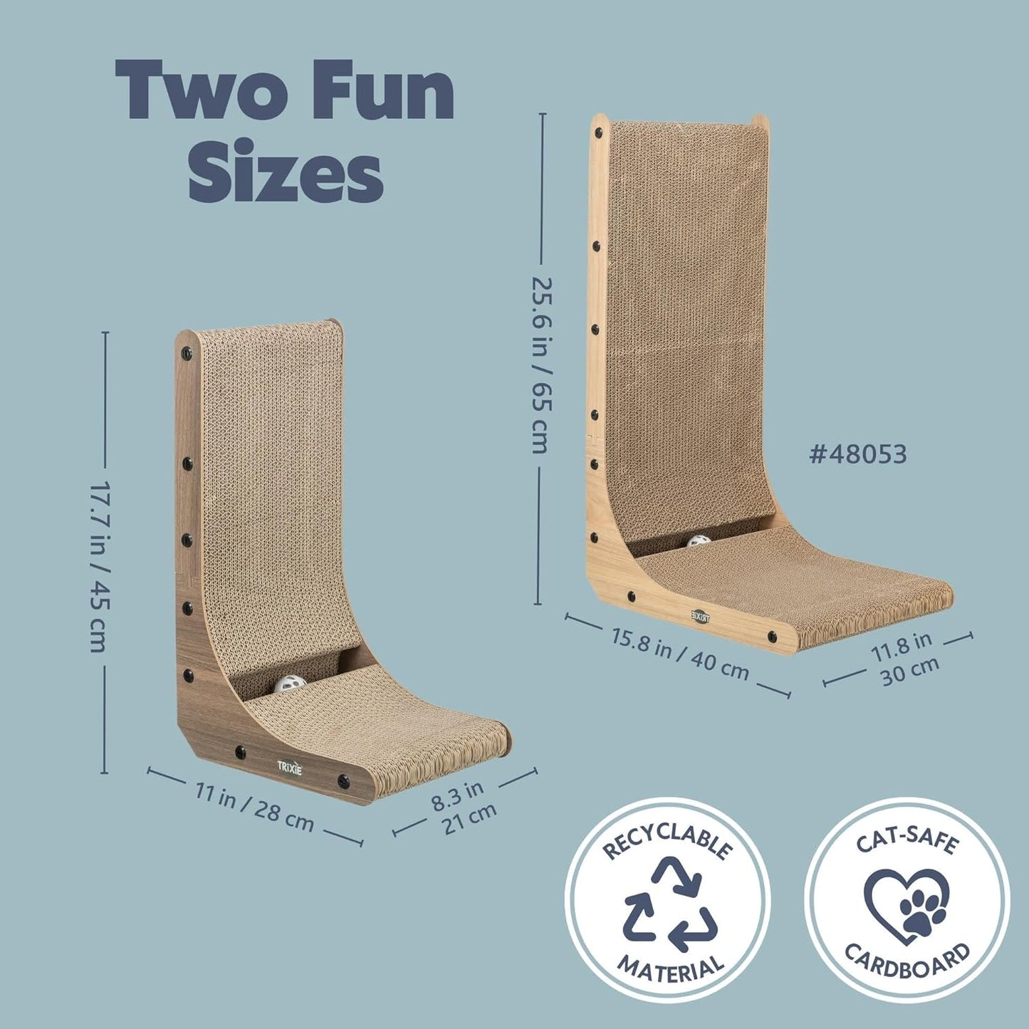 Trixie L-Shape Cat Scratcher with Catnip & Silvervine - 25.6" Indoor Furniture - Double-Sided Corrugated Cardboard - Vertical & Horizontal Scratching Pad with Ball Toy for Cats & Kittens - Natural