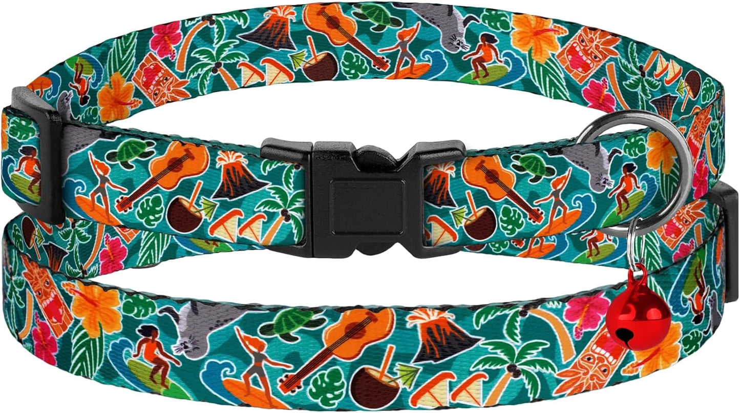 4PCS Breakaway Cat Collars with Bell - Cute Soft Adjustable Safety Kitten Collars 4-Pack - Nylon Pet Collars Nature Tribal Striped Floral Space Aztec Flowers Print (Travel & Cookies)