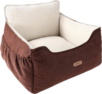 Dog Car Seat for Small Dogs Under 25Lbs, Portable Comfy Safe Puppy Car Seat Travel Bed with Storage Pockets, Fully Detachable Washable Dog Booster Carseats for Front & Back Seats, Brown