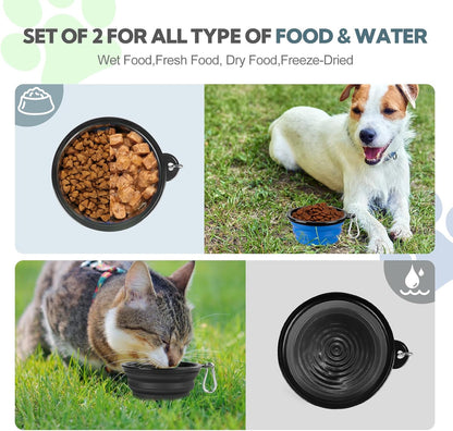 Dog Bowl Collapsible, 2 Pack Portable Foldable Travel Water Bowl Food Dishes with Carabiner Clip for Traveling, Hiking, Walking(12oz, Small, Blue+Black)