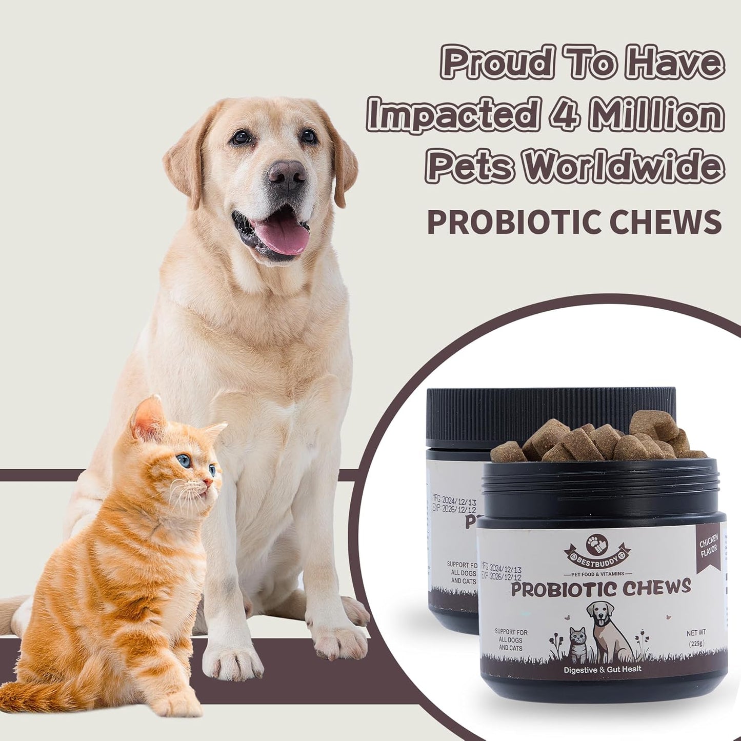 Best Buddy Dog Supplement Bundle – 15-in-1 Multivitamin Treats + Probiotic Chews | Joint, Skin, Coat & Digestive Health Support | Grain-Free Chicken Flavor, 225g Each