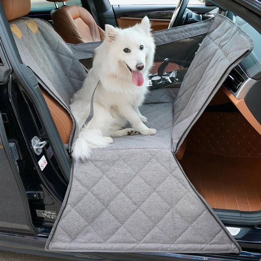 Front Seat Dog Car Seat for Small/Medium Dogs with Door Protection – Full Coverage Pet Booster Seat with Mesh Window, Zippered Side Flaps, Safety Buckle, Grey Linen Fabric