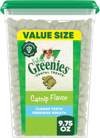 Greenies Feline Veterinarian-Recommended Adult Natural Dental Cat Treats, Catnip Flavor, 9.75 oz. Tub