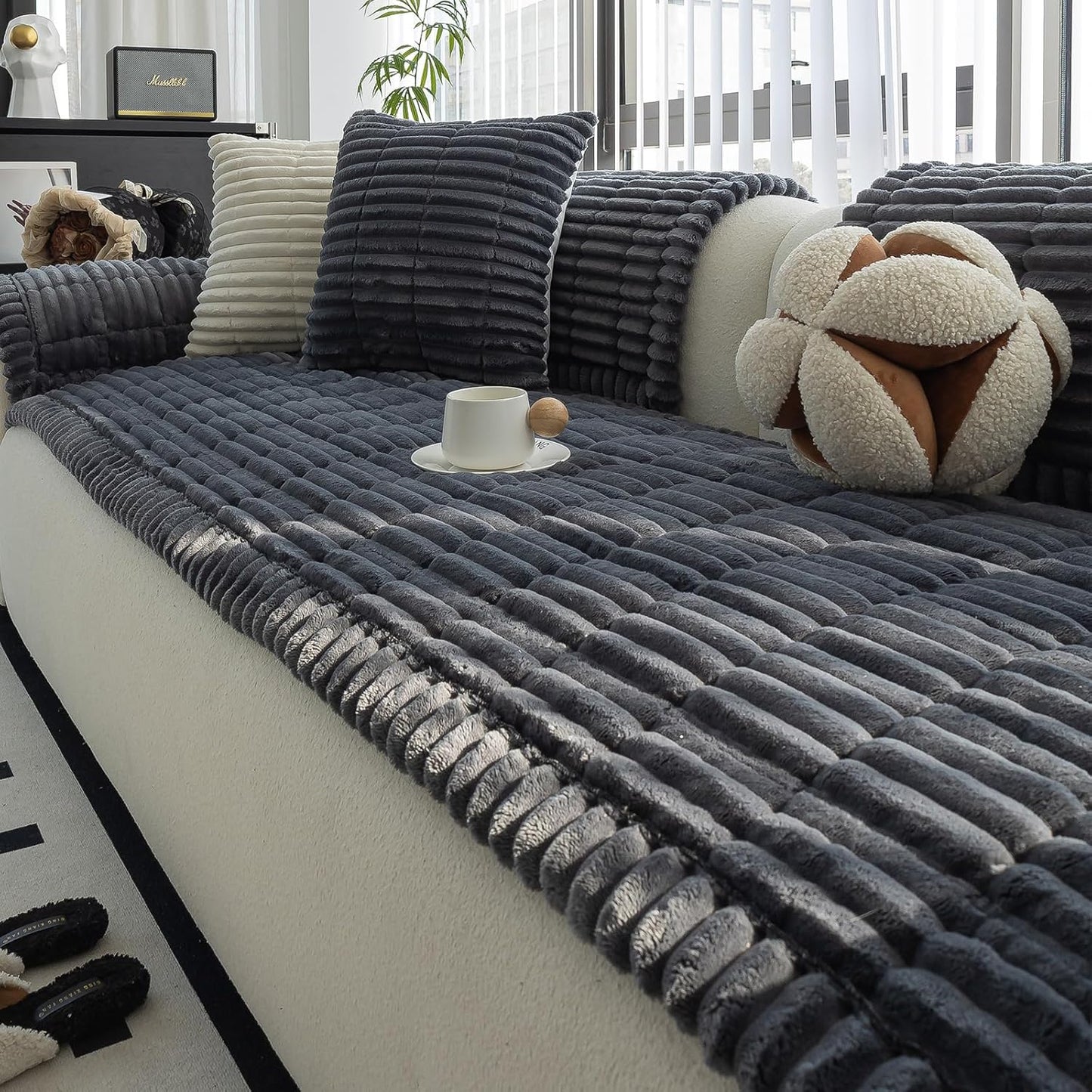 Sofa Couch Cover, Sofa Covers for Dogs Washable, Non-Slip Striped Sofa Slipcovers for Sectional Sofa, Sofa Cover Furniture Protector for L Shaped(1pc, Dark Grey, 24.8"×54")