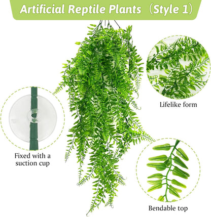 Hamiledyi 5 Pcs Reptile Plants Terrarium Hanging Fake Plant Leaves and Reptile Hide Box Gecko Hideout Cave with Sink Humidifier for Ball Python Bearded Dragon Chameleon Lizard