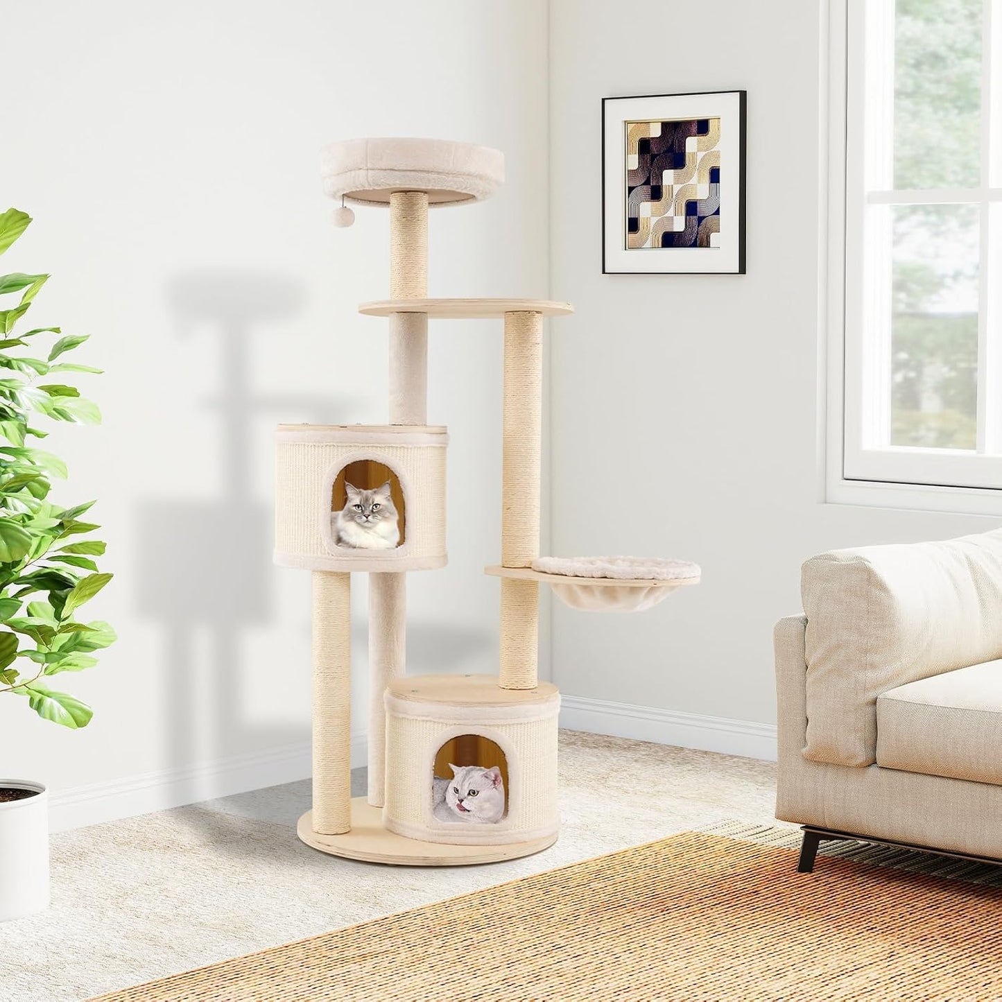 PETSITE 60 Inches Wooden Cat Tree, Multi-Level Modern Cat Tower with Sisal Scratching Posts, Double Condos, Padded Cozy Top Perch, Multiple Jumping Platforms, and Hanging Ball, Ideal for Indoor Cats