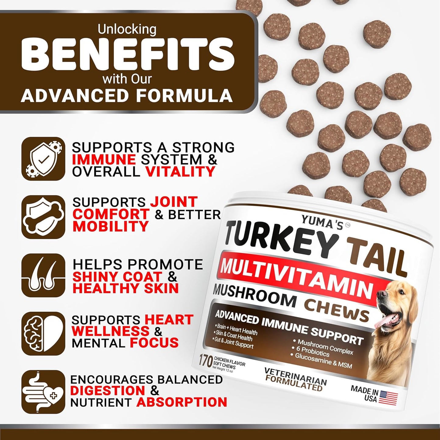 Turkey Tail Mushroom for Dogs - 170 Count - Mushroom Chews for Dogs Lipoma Lumps and Bumps - Immune, Digestive, Skin, Energy & Joint Health - Buddy Overall Health Guard - Dog Multivitamin Supplement