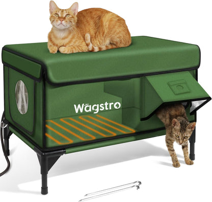 Heated Cat House for Outside, Insulated Weatherproof Heated Outdoor Cat House with Waterproof Eaves & Escape Door, Elevated Outdoor Cat Shelter for Feral Stray Cat (Green, 25.6"x17"x18")