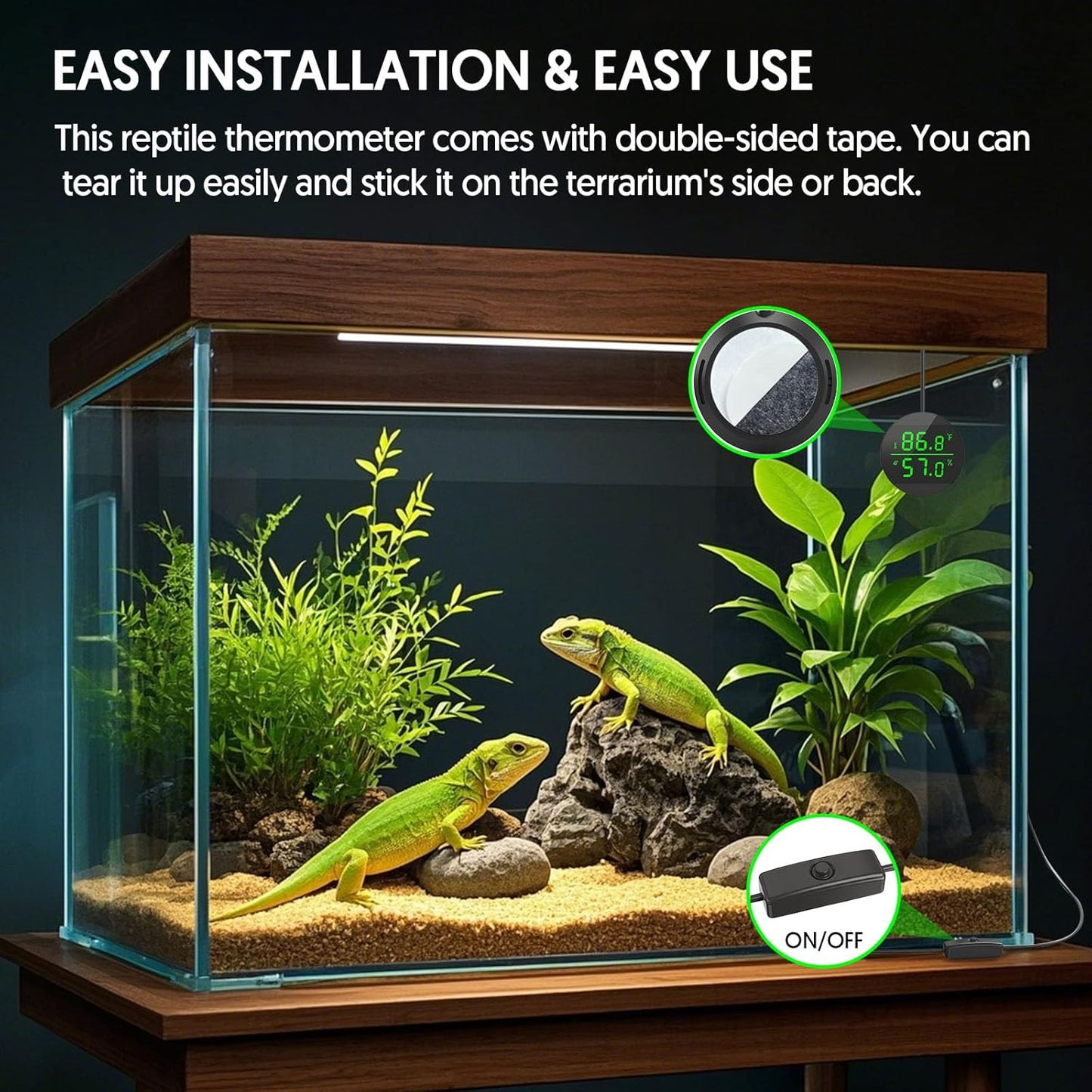 QZQ Reptile Thermometer and Humidity Gauge, LED Digital Thermometer Hydrometer, Reptile Tank Accessories for Bearded Dragon, Crested Gecko, Snake, Jumping Spider, Lizard, USB Power Supply (Black)