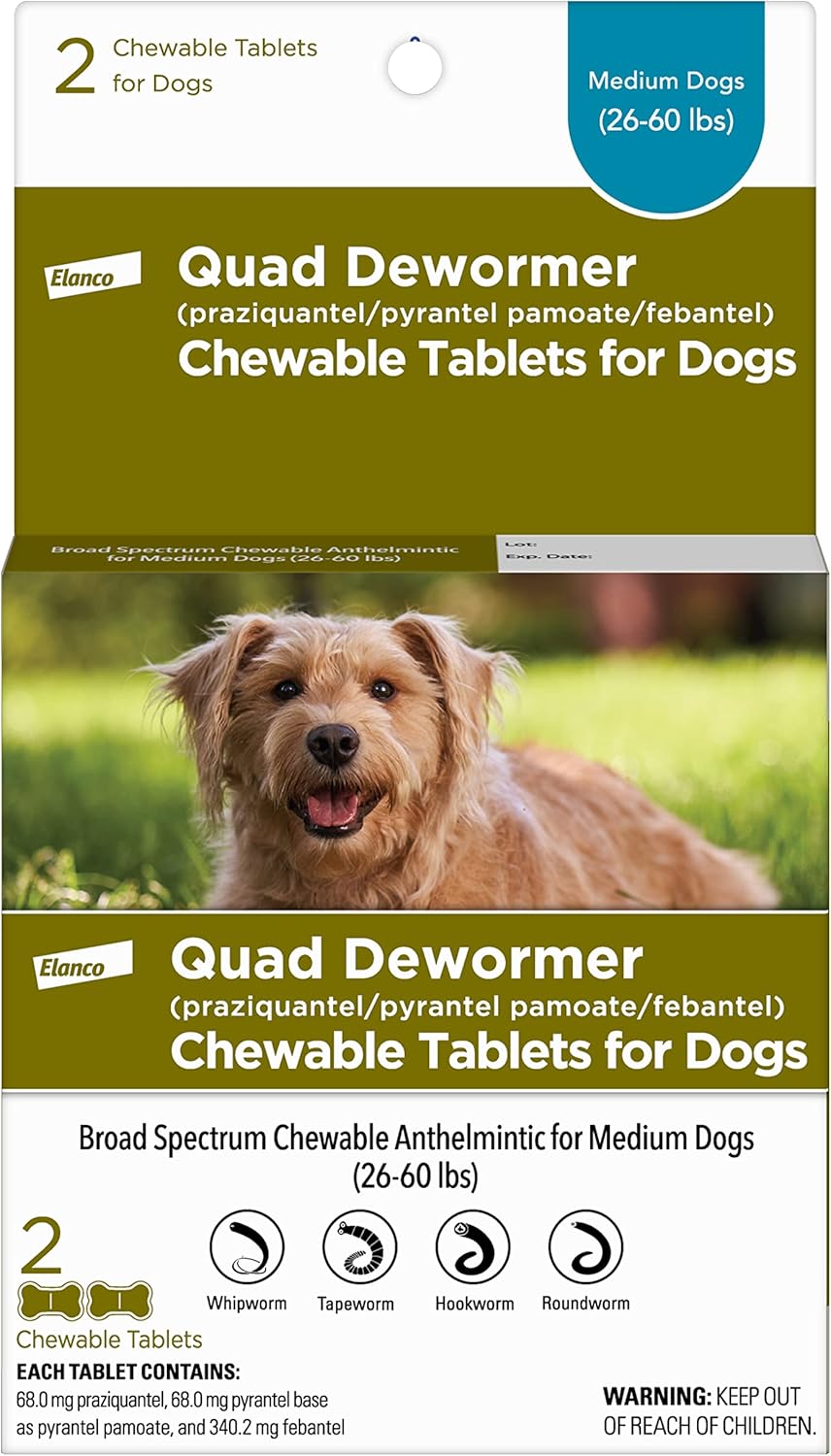 Elanco Chewable Quad Dewormer for Medium Dogs, 26-60 lbs, 2 chewable tablets