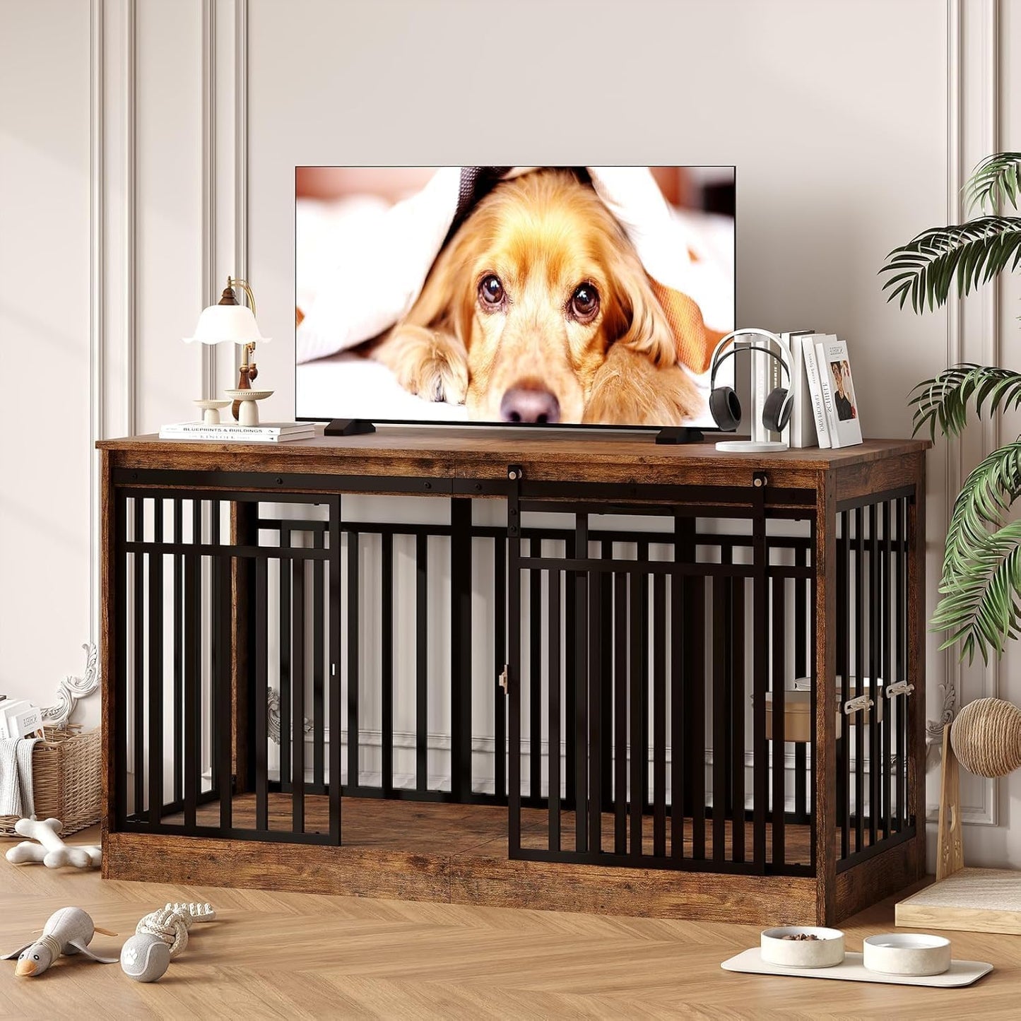 Double-Door Dog Crate Furniture, 55 Inch Rustic Wooden Indoor Dog House Side Table for Small to Medium Dogs, Chew-Resistant Pet End Table, Brown