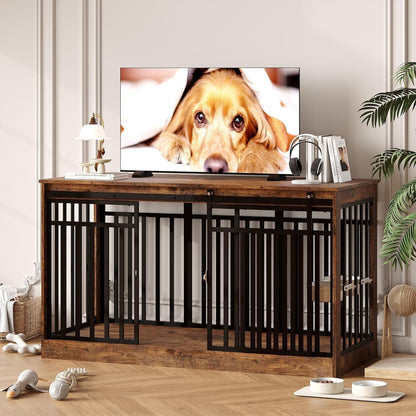 Double-Door Dog Crate Furniture, 55 Inch Rustic Wooden Indoor Dog House Side Table for Small to Medium Dogs, Chew-Resistant Pet End Table, Brown