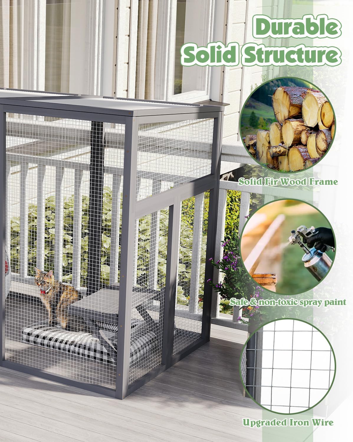 Outdoor Cat House, 71" Catio Outdoor Cat Enclosure, Large Cat Houses & Condos, Cattio for Apartment Balcony, Window Cat Cage Weatherproof, Grey