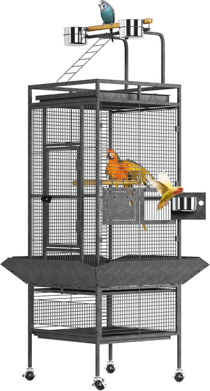61-Inch Large Bird Cage - Rooftop Playground & Rolling Wheels, Wrought Iron Parrot Cage for Macaws, Cockatoos, Conures, Indoor/Outdoor Use, Includes Feeding Accessories, Dark Grey