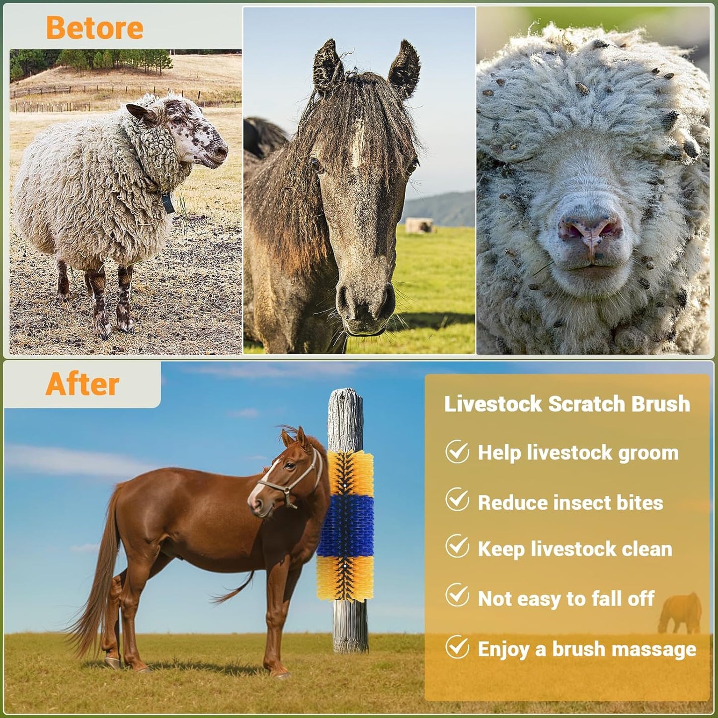2 Pack Livestock Scratching Brush Horse Massage Grooming Brushes with 8 Screws for Goat,Cattle,Cow,Sheep, Horses,Pigs and Other Animal Back Scratching