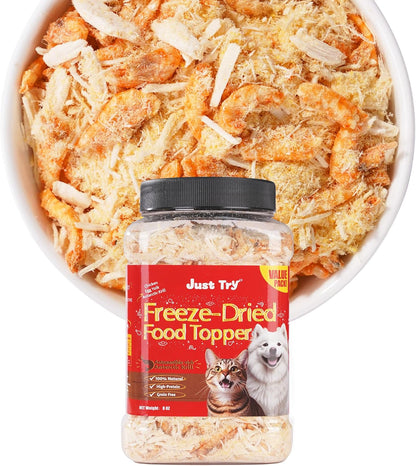 Just Try 8 OZ Raw Antarctic Krill Freeze Dried Cat & Dog Food Toppers Mixers Meal Toppers Low Calorie with Real Chicken Egg Yolk, High Protein Food Toppers Omega 3 for Picky Eaters Skin & Coat Support