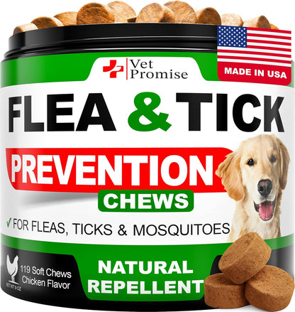 Flea and Tick Prevention for Dogs Chews - Natural Dog Flea and & Tick Control - Advanced Oral Pills Supplement Treatment for All Breeds & Size - Vet Formulated - Soft Chewables - Made in USA