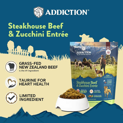 Addiction Steakhouse Beef & Zucchini Air-Dried Grain-Free Dog Food – Complete Meal or Topper with Natural Ingredients for Digestive and Skin & Coat Health, 2lb - 2 Packs