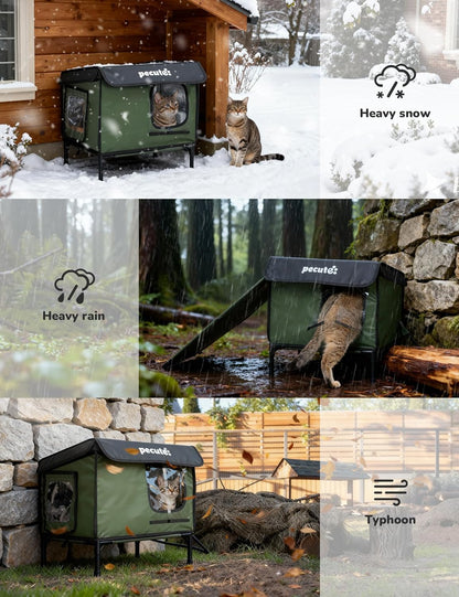 Pecute Heated Outdoor Cat House with Heating Pad - Weatherproof Insulated Winter Shelter for Outside Feral Cats, Cathouse with 2 Exits, Reinforced Metal Frame, Expanded Canopy for Porch Garage Barn