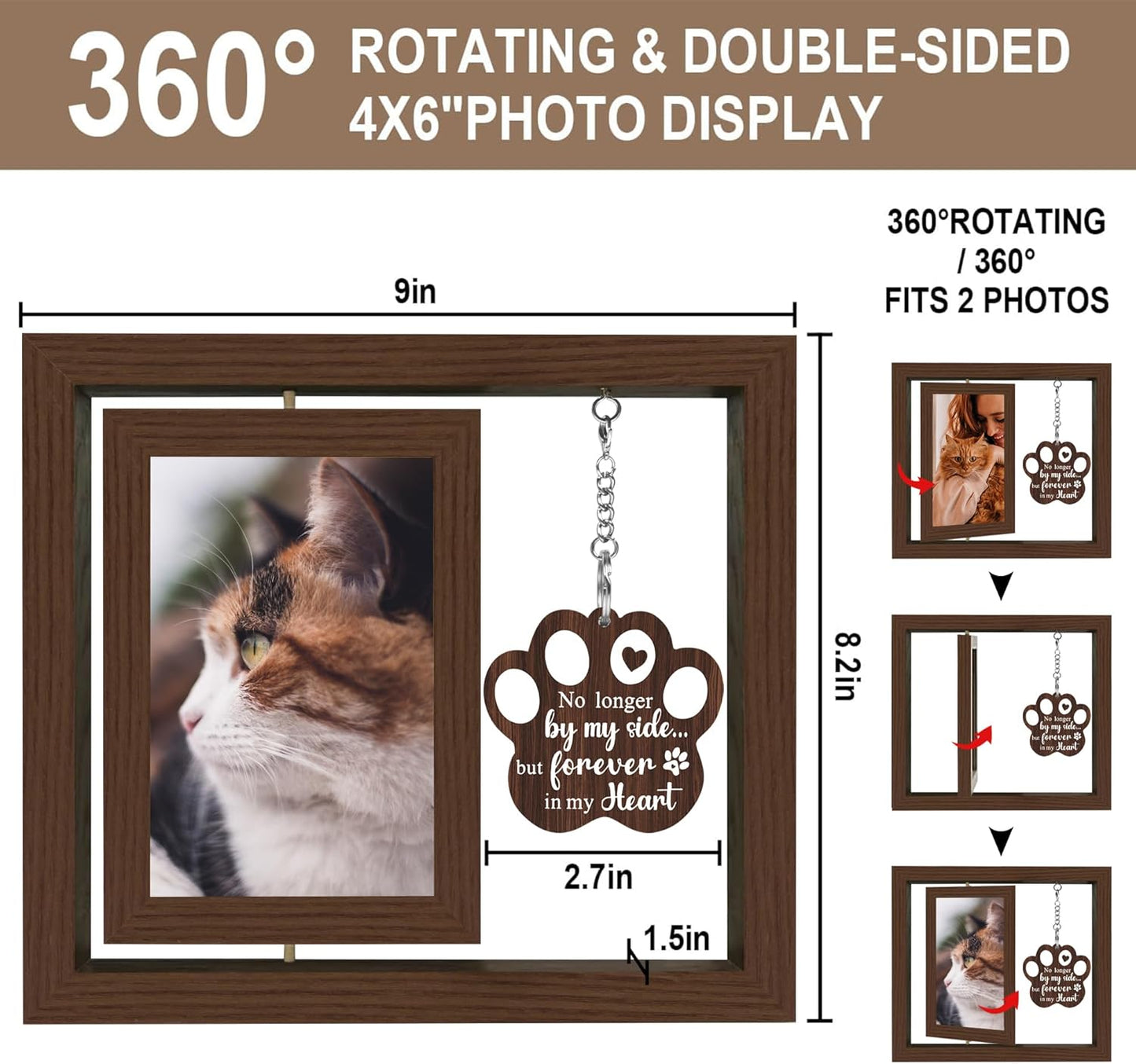 SHOW-YA Cat Memorial Gifts for Loss of Cat - Pet Memorial Gifts Cat,Loss of Cat Sympathy Gift, Cat Passing Away, Pet Remembrance Gift Cat,Rotating Wooden Cat Picture Frame 4x6 Photo